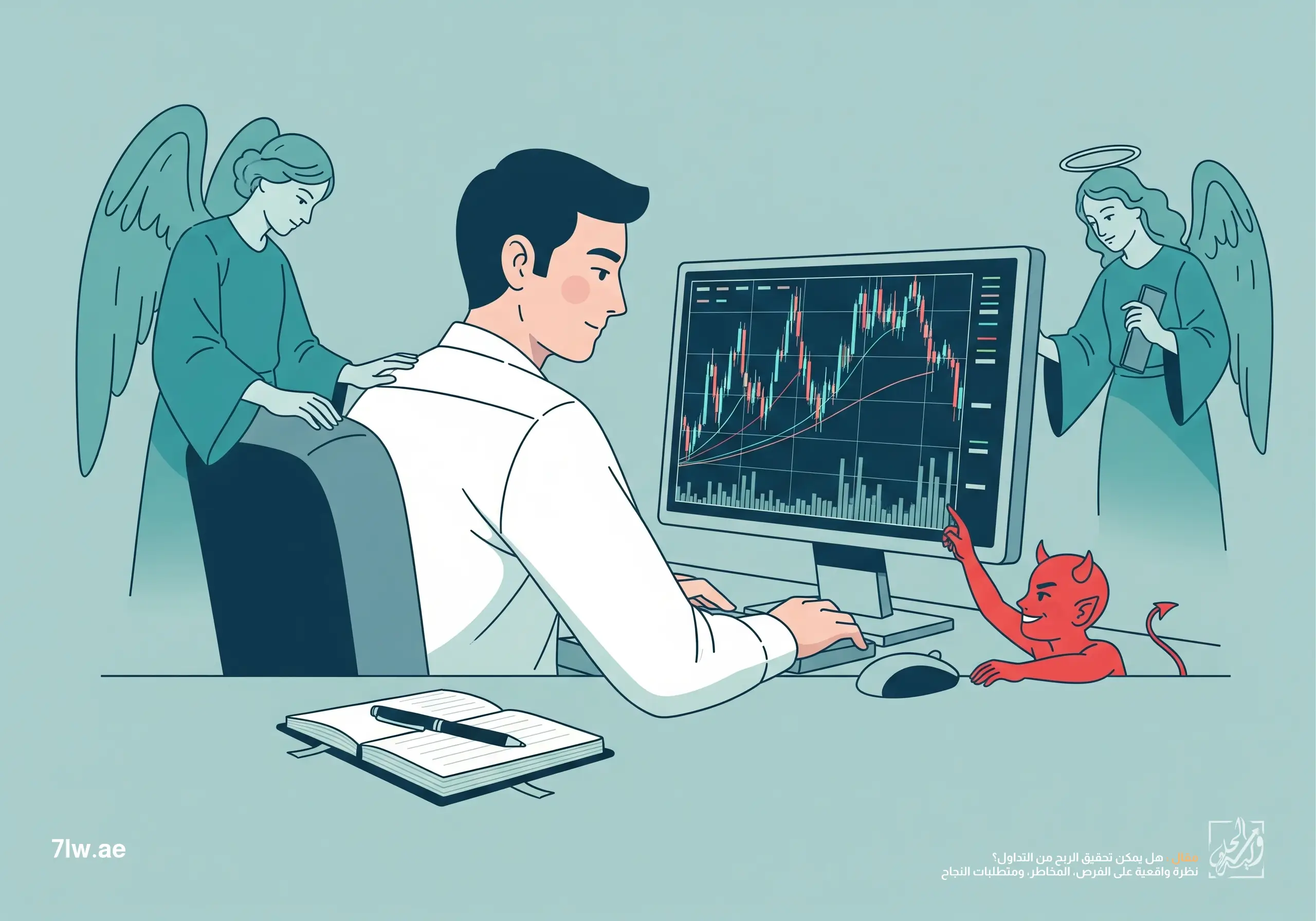 هل يمكن تحقيق الربح من التداول؟ نظرة واقعية على الفرص، المخاطر، ومتطلبات النجاح 30 تجسيد صراع نفسية المتداول بين الانضباط وFOMO مع غلبة الهدوء والعقلانية.