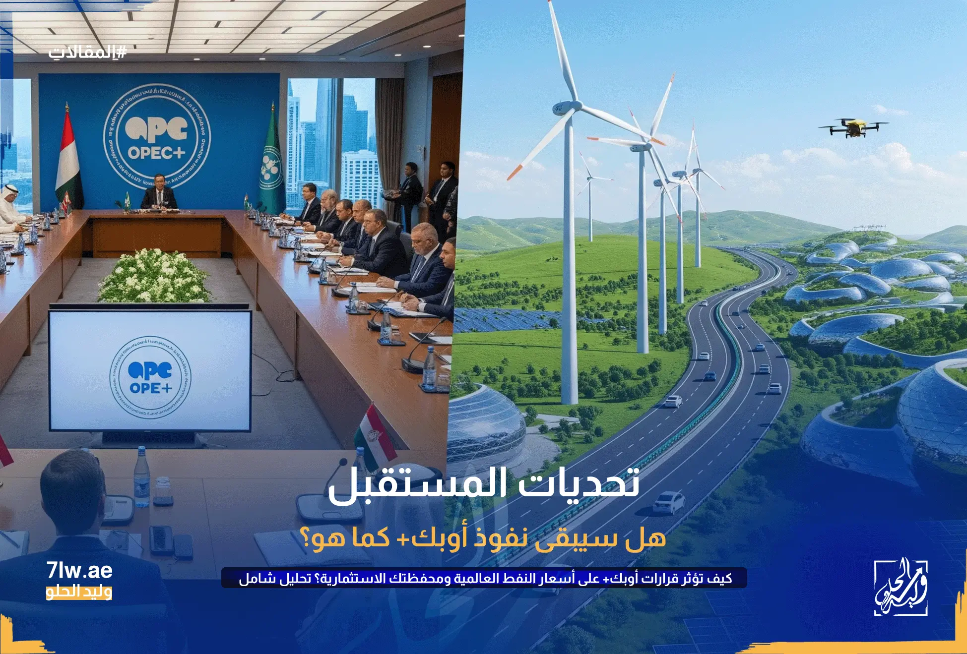 كيف تؤثر قرارات أوبك+ على أسعار النفط العالمية ومحفظتك الاستثمارية؟ تحليل شامل 11 صورة مقسومة، يظهر في نصفها اجتماع لأوبك+ وفي النصف الآخر مشهد مستقبلي للسيارات الكهربائية وتوربينات الرياح، مما يمثل تحدي التحول للطاقة النظيفة.