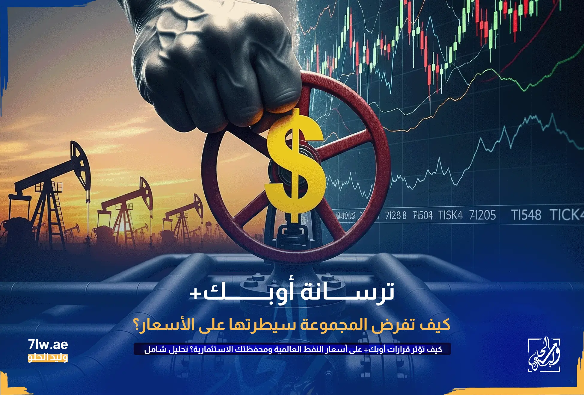كيف تؤثر قرارات أوبك+ على أسعار النفط العالمية ومحفظتك الاستثمارية؟ تحليل شامل 5 صورة رمزية تظهر يد قوية تتحكم في صمام ضخم لخط أنابيب نفط عليه علامة الدولار، مما يمثل سيطرة أوبك+ على أسعار النفط العالمية.